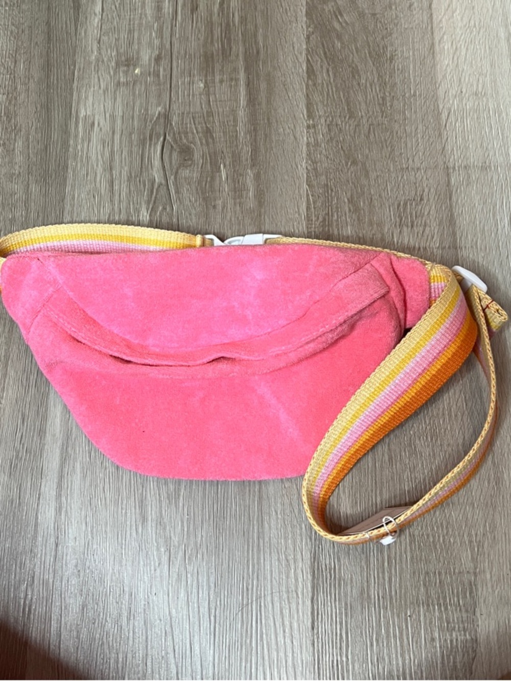 Pink Suede Crossbody Belt Bag with Striped Strap